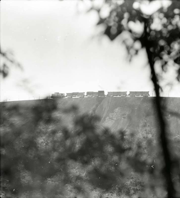 Schwarz-weiss Fotografie Zug auf einem Hang